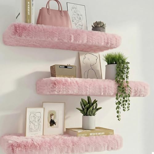 Furry Floating Shelves for Wall,2 Pack Wood Shelf with Plush Soft Shag Cover, Wall Mounted Shelves for Bedroom, Living R