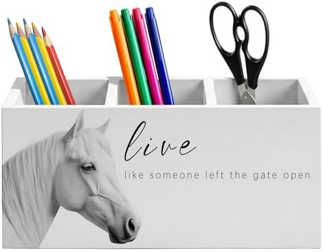 Inspirational White Horse Pen Holder for Home Office Desk, Horse Lover Gifts, Live Like Someone Left the Gate Open Motivational Wooden Box Sign Pencil Holder for Desk Shelf Organizer