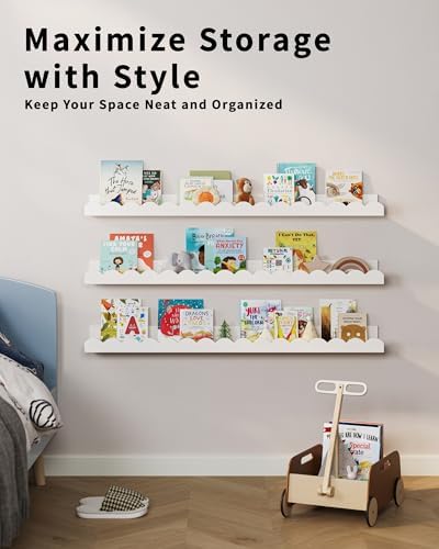 G&W Gruwald Nursery Book Shelves, Set of 3, Nursery Decor for Baby and Toddler, Scalloped Shelves, Book Shelf for Kids R