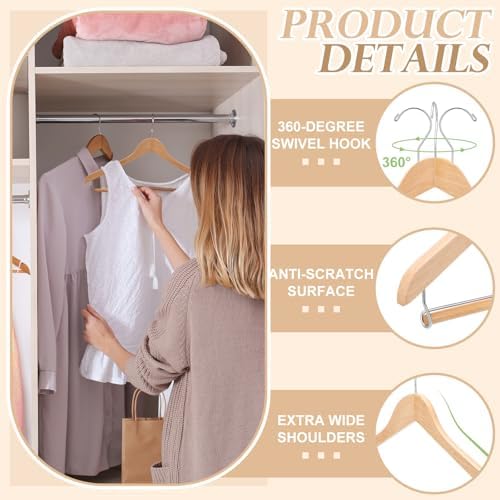 Kathfly 6 Pcs Wooden Suit Hangers with Locking Bar 360° Hook Holds 20lbs
