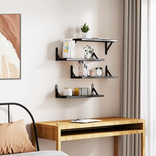 ROMGUAR CRAFT Wood Wall Floating Shelves Set of 4, 17" x 6" - Black