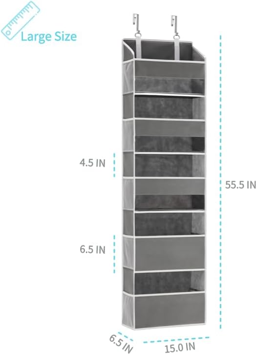 5 Tiers Over The Door Organizer Hanging - EXTRA THICK & 50lbs HUGE CAPACITY, 10 Side Mesh Pockets Over The Door Shoe Organizer, for Closet, Diaper Organizer, Bedroom, Bathroom,Nursery (Grey, 1pc)