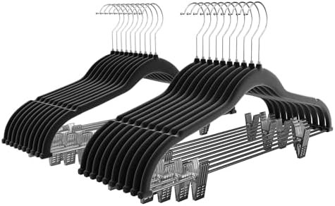 VECELO 20 Pack Black Velvet Clothes Hangers with Adjustable Clips,Heavy-Duty Non Slip & Space-Saving with 1 Magic Hangers and 2 Tie Rack for Suit Coat Pants Skirt Dresses