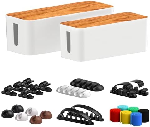 Cable Management Box 2 Pack with 16 Cable Clips Set-Large & Medium & Small Wooden Style Cable Organizer Box to Hide Wire