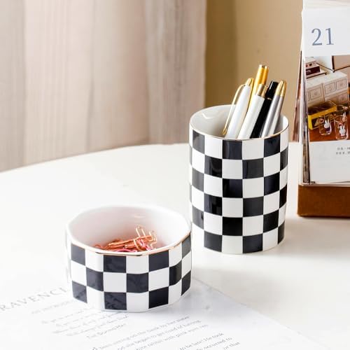 Aesthetic Desk Organizer Set of 2 For Office, Pen Holder and Paper Clip Holder Dispenser, Checkered Ceramic Cute Pencil Cup Pot, Desktop Accessories, Office Decor, Ideal Gifts (Black)