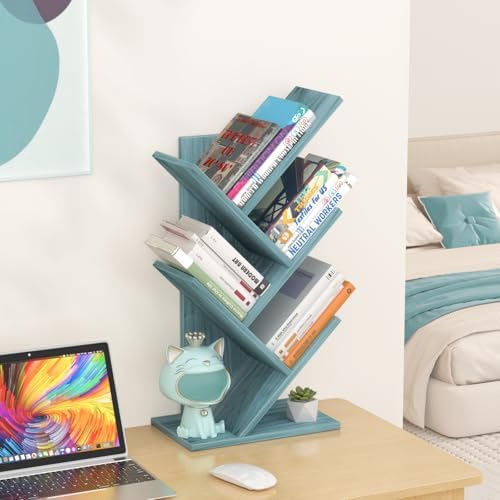 SHEEPAM Small Tree Book Shelf,5 Tier Bookshelf, Wood Desktop Bookcase