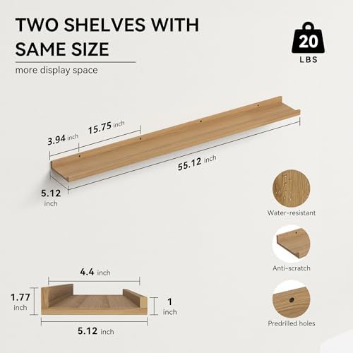 Boswillon Floating Shelves Set of 2, Long Wall Shelf with Lip, 56in, Oak