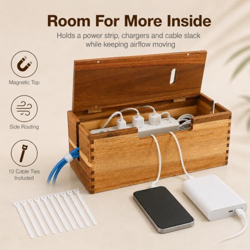 Acacia Wood Cable Management Box,Office Under Desk Cable Storage Box for Wire, Cord Hider Organizer for Power Strip, Ele
