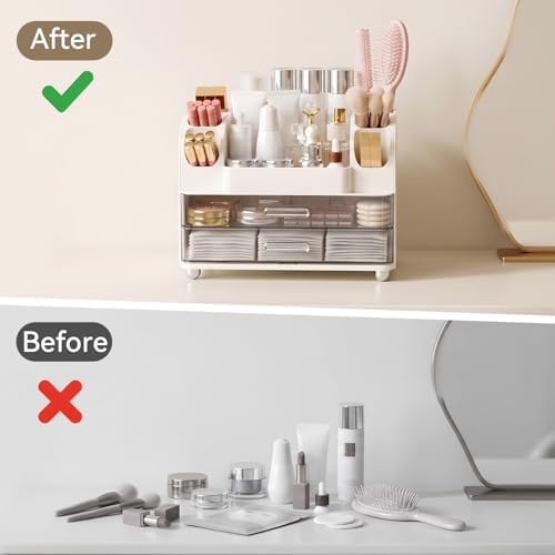 Makeup Organizer for Vanity with 2 Large Drawers and 6 Brush Holders, White