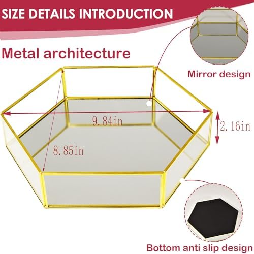 Hexagon Vintage Gold Mirror Glass Vanity Tray,Ornate Geometric and Brass Plated Display Storage Organizer for Makeup Bru