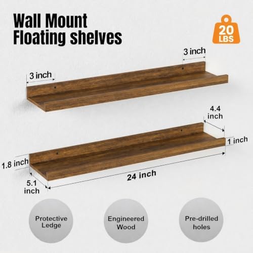 24inch Long Floating Shelves for Wall Decor, 3-Set Shelves with Lip, Brown