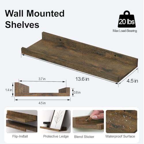 Brown Floating Shelves for Wall Decor, 14 in Shelf with Lip Set of 2