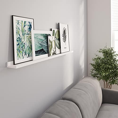 Wallniture Denver 46" Picture Ledge Shelf, Wood Wall Shelves for Photo, Picture Frame, Books, White Bookshelf for Kids R