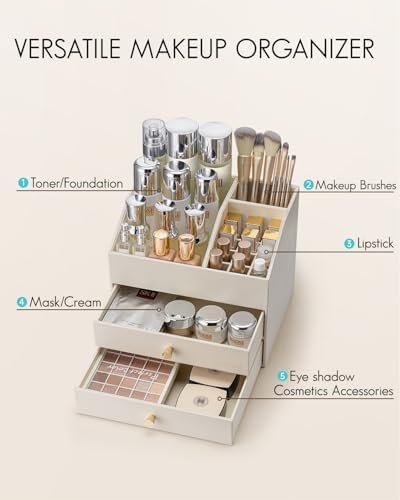 VLANDO 3-Layer Makeup Organizer with 2 Large Drawers for Vanity,Beige