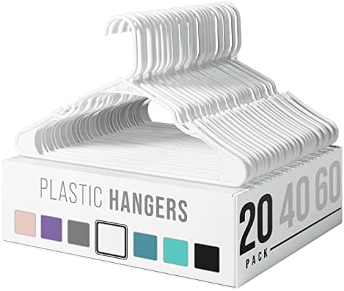 NEATERIZE Plastic Clothes Hangers-Durable Coat and Clothes Hangers-Vibrant Color Hangers-Lightweight Space Saving Laundry Hangers-20, 40, 60 Available (20 Pack - White)