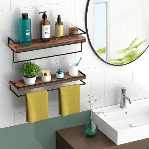 Meangood Floating Shelves Wall Mounted Set of 2, Towel Bar Rustic Wood Wall Storage Shelves for Bedroom,Living Room,Bath