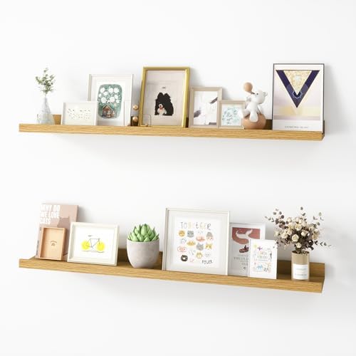 36 inch Picture Ledge Shelf, Wood Floating Shelves, Color Oak, Set of 2