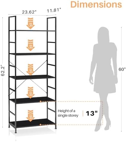 Book Shelf, 5-Tier Tall Bookcase, Bookshelf with Steel Frame, Modern Industrial Display Shelves, Corner Storage Organize