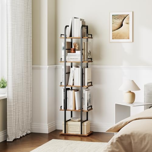 YATINEY 5 Tier Rotating Bookshelf, Freestanding Corner Bookshelf, 360 Spinning Bookcase Tower, Tall Industrial Style Org