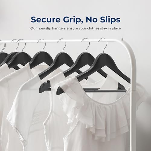 SereneLife 10 Pack Wooden Coat Hangers, Natural Wood Suit Hangers with Non-Slip Pant Bar, with 360-Degree Rotatable Hook, for Closet Organization, Shirts, Jackets, Dresses, and Pants (Black)