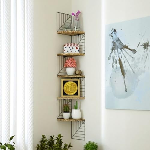 Love-KANKEI Corner Wall Shelf 5 Tier,Solid Wood,51" Tall,Carbonized Black