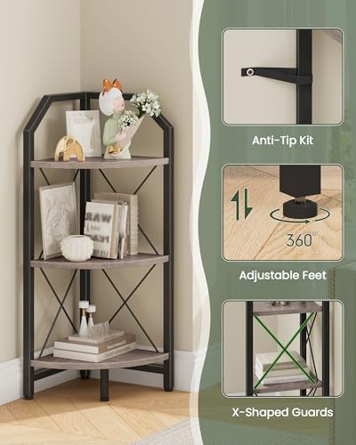 CHOEZON 3-Tier Corner Shelf, Industrial Corner Bookshelf, 35.4" Storage Stand, Plant Stand Display Shelf, Bookcase for B