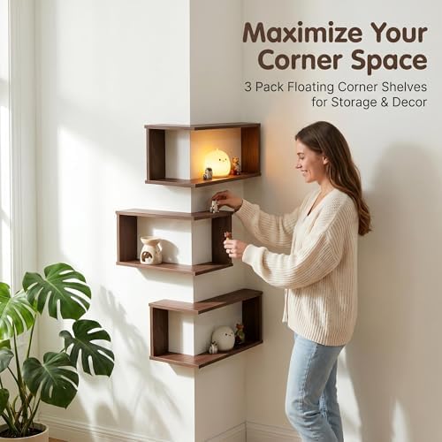 LIYAOLI Floating Shelves for Inside & Outside Corners Wall Shelves, Modern Wooden Corner Shelf Wall Mounted for Bedroom 
