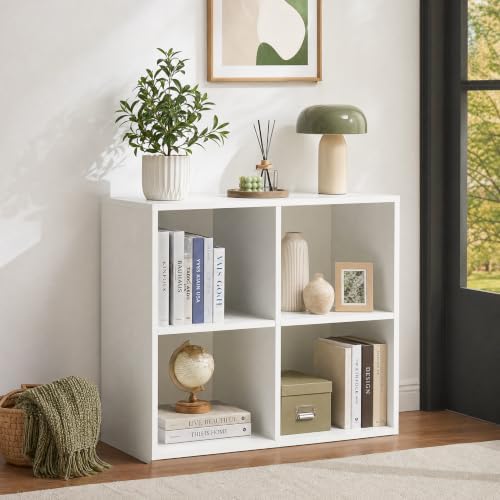 4 Cube Storage Organizer with Back Panel, Cube Bookshelf, White