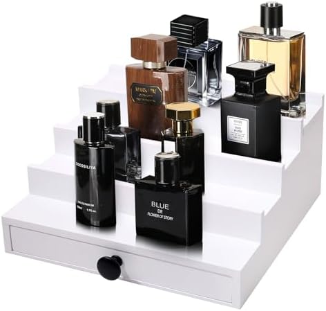 4 Tier White Cologne Organizer, Wooden Display Stand with Drawer Storage