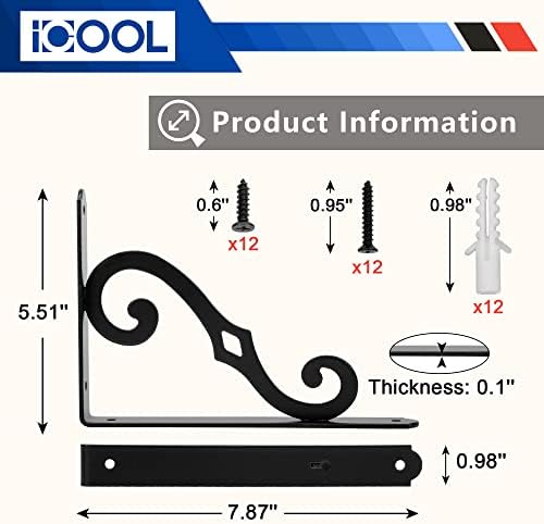 Decorative Shelf Bracket 8 Inch with Screws, Powder-Coated Steel, 6 Pack