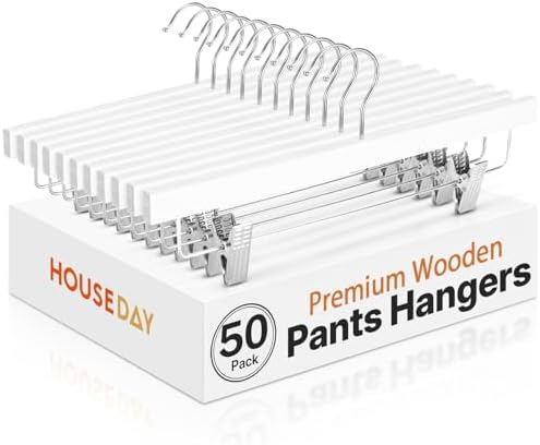 HOUSE DAY Wooden Pants Hangers with Clips, 50 Pack Skirt Hangers, White