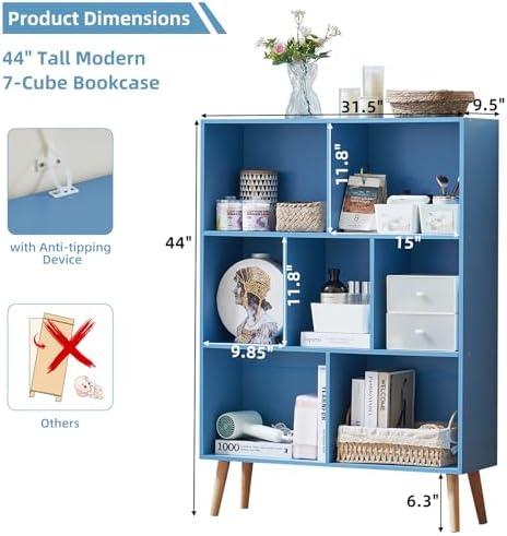 LEYAOYAO Cube Bookshelf, Mid-Century Modern Book Shelf with Legs, Blue