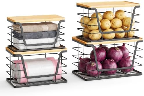 ALOCEO 4 Pack Stackable Storage Bins with Lids, Stainless Steel Trash Bag Dispenser Roll Holder for for Kitchen Sink, La
