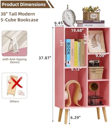 LEYAOYAO 5 Cube Bookshelf,Mid-Century Modern Bookcase with Legs,Light Pink
