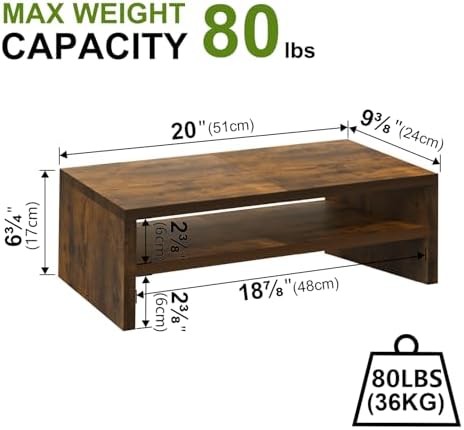 TEAMIX 20 inch Monitor Riser Stand - 2 Tiers, Wood Rustic Desktop Bookshelf