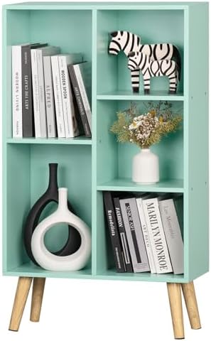 LEYAOYAO 5 Cube Bookshelf, Mid-Century Modern Book Shelf with Legs, Green