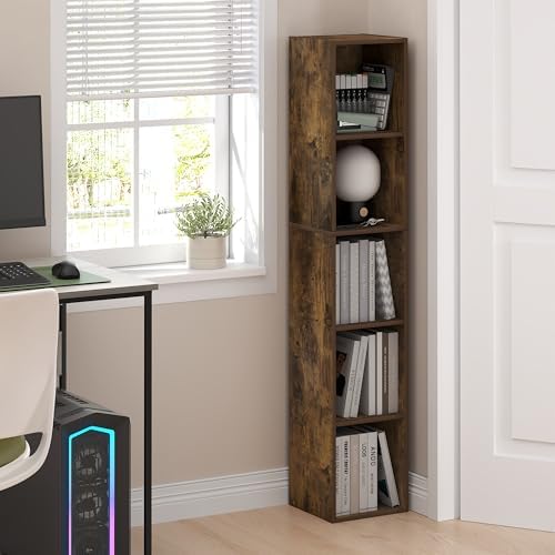Furinno Fulda Book Shelf, 5-Tier Tall Narrow Bookshelf, Standing Bookcase with 10-in Width Storage Shelf, 9.3 x 9.8 x 51