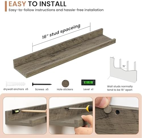 Dreamland Picture Ledge Shelf for Wall, Floating Shelves Set of 2,24 inch Long Floating Shelves with Lip for Living Room,Bedroom,Bathroom,Kitchen,Grey