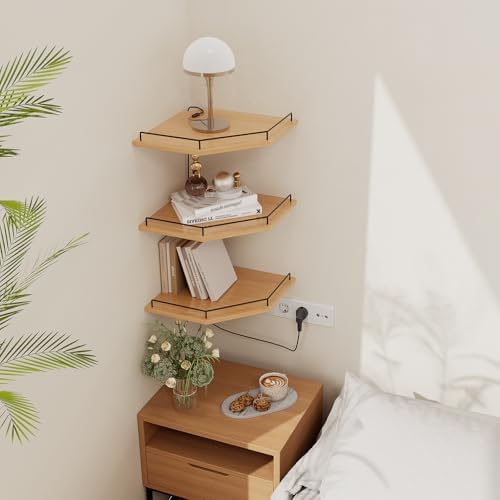 JJL Corner Shelf Wall Mounted, 12 Inches 3-Tier Floating Corner Shelf, Hexagon Rustic Wood Decor with Fence, Natural Woo