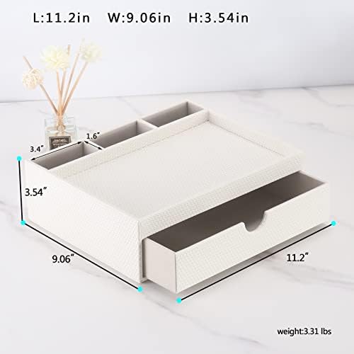 Leather Desk Organizer With Drawers, Home Cosmetics & Phone Remote Organizer, Drawer Plus Divider & Tray (white)