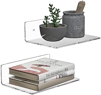 Sezanrpt 9 Inches Acrylic Wall Shelves 2 Pack, Floating Shelf for Wall Mounting, Acrylic Display Ledges for Funko Pop Figures, Home Décor, Living Room, Gaming Room, Plants(9 inch, Clear)