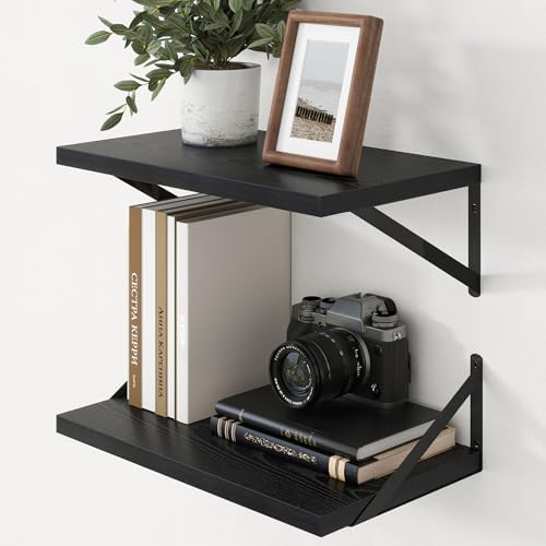 Axeman Deep Floating Shelves - 20 Inch Black Floating Shelves Set of 2-12 Inch Deep Wood Wall Shelves for Living Room Ba