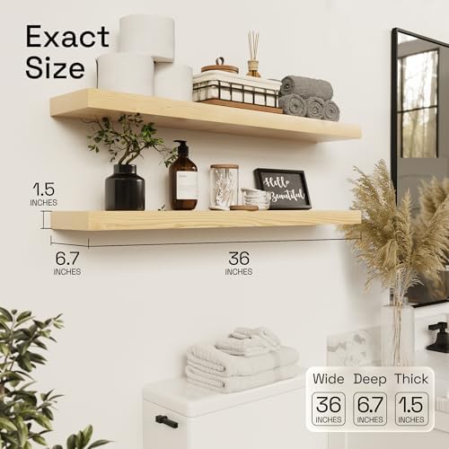 Solid Wood Floating Shelves for Wall 36 inch Long, Natural Wooden Shelf
