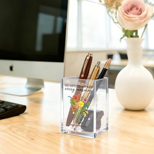 His Mercies Are New Every Morning Acrylic Cosmetic Pencil Pen Holder Cup, Religious Faith-Based Gifts for Christian Mom Grandma Aunt Daughter Women, Baptism Bible Verse Gifts for Coworker Boss