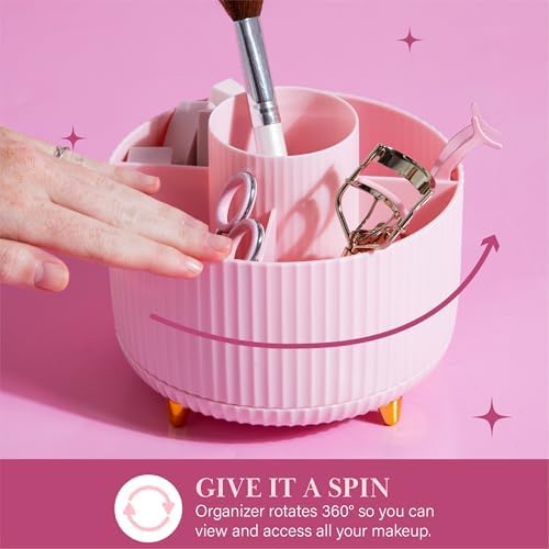 Paris Hilton 360° Rotating Makeup Brush Holder, Fluted Design with 5 Compartments, Glam Organizer for Brushes & Tools, P