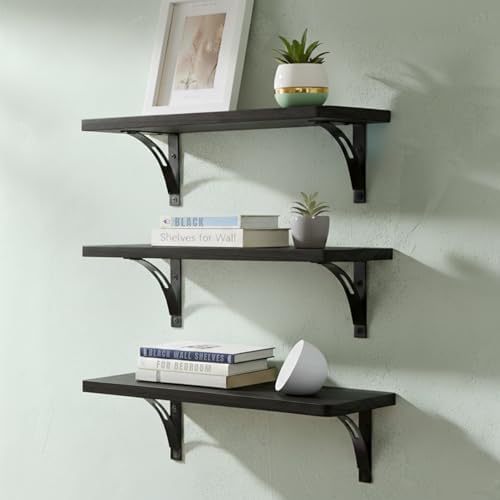 Willowy Reinforced Steel Bracket Black Wall Shelves for Bedroom - Easy to Install, Template and Video Included - Long Bl
