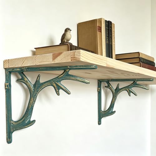1PCS Cast Iron Deer Antler Wall Shelf Bracket, 6.2in (H), Green & Gold