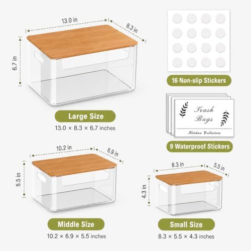 3 Pack Pantry Organizers and Storage Bins with Bamboo Lids,Trash Bag Holder
