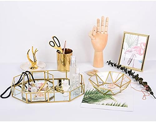 Square Vintage Gold Mirror Glass Vanity Tray,Ornate Geometric and Brass Plated Display Storage Organizer for Makeup Brus