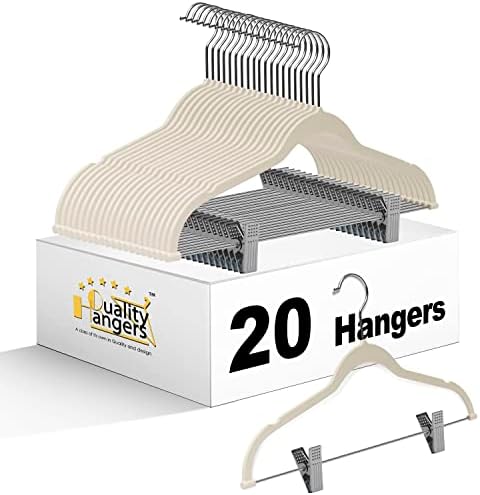 Quality Plastic 20-Pack Non Velvet Non-Flocked Thin Compact Coat Hangers with Metal Clips for Skirts Pants Blouses 360° Swivel Hook (Ivory, 20)